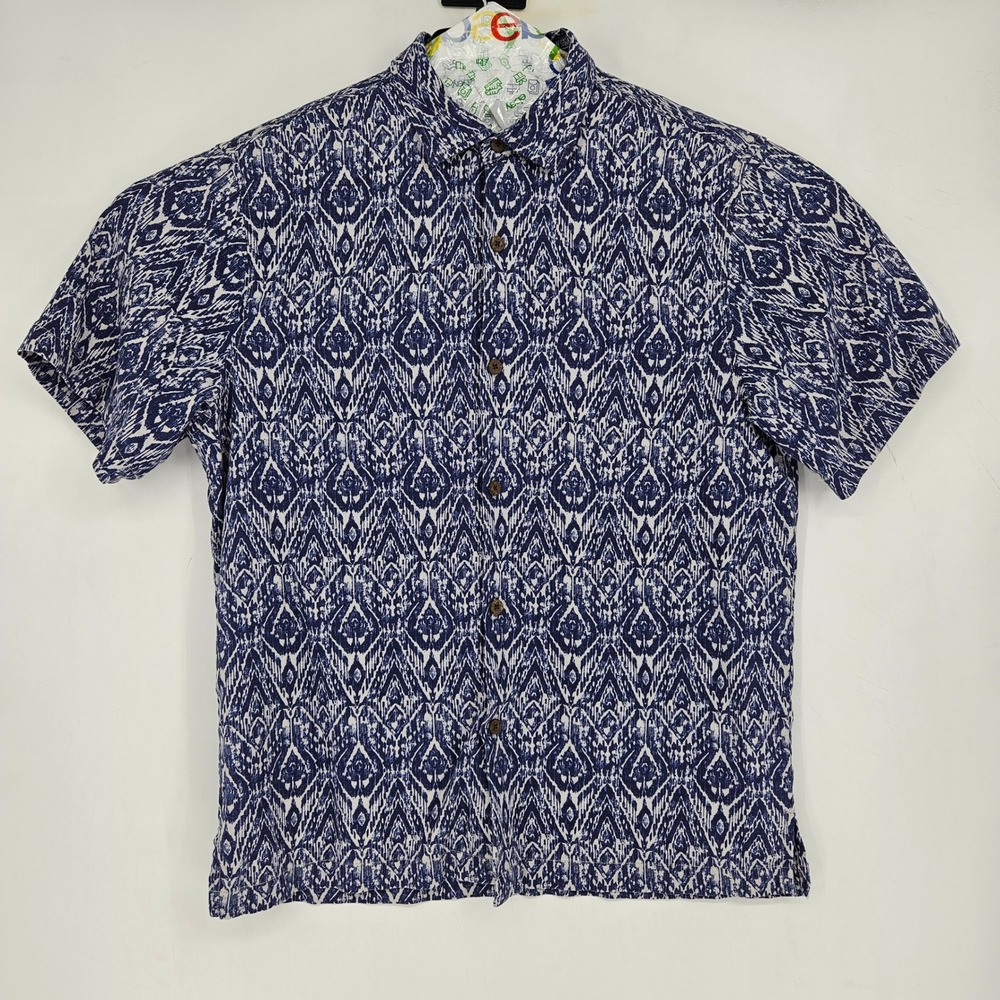 Tommy Bahama Shirt Mens Large Silk Blue Geometric Button Up Short Sleeve